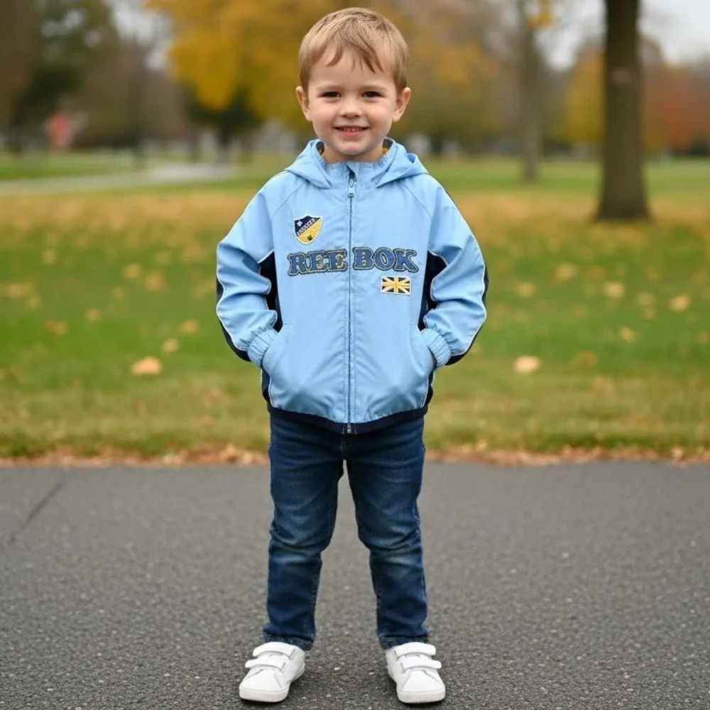 Reebok Classic Kids Windbreaker Jacket Hooded Athletic Dept Size 2T Blue
